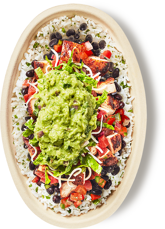 Bowl with Chicken, White Rice, Black Beans, Fresh Tomato Salsa, Lettuce, Cheese, and Guac.
